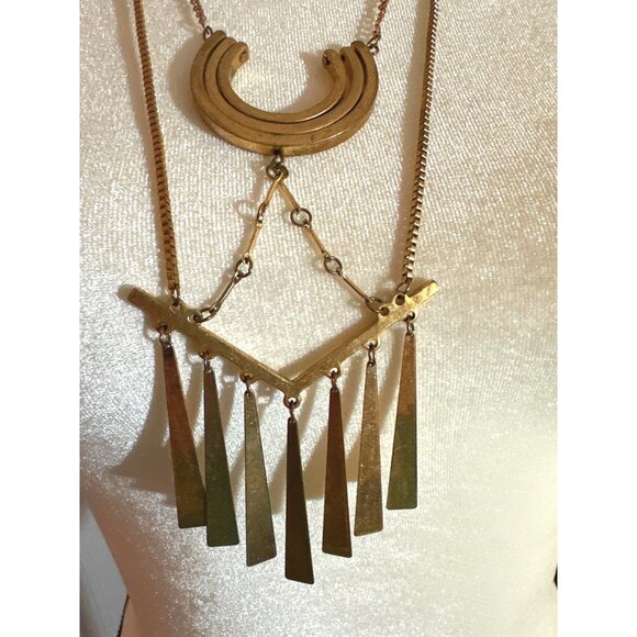 Long Crescent Dangle Retro Statement Necklace Vintage Gold Tone - Picture 2 of 9